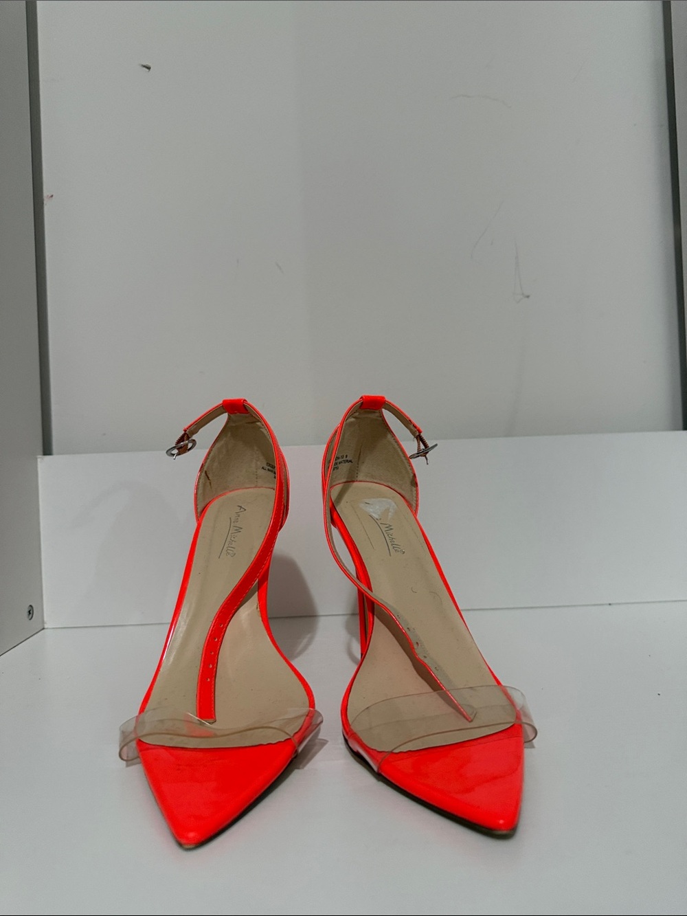 Neon Red Pointed Toe Ankle Strap Pumps